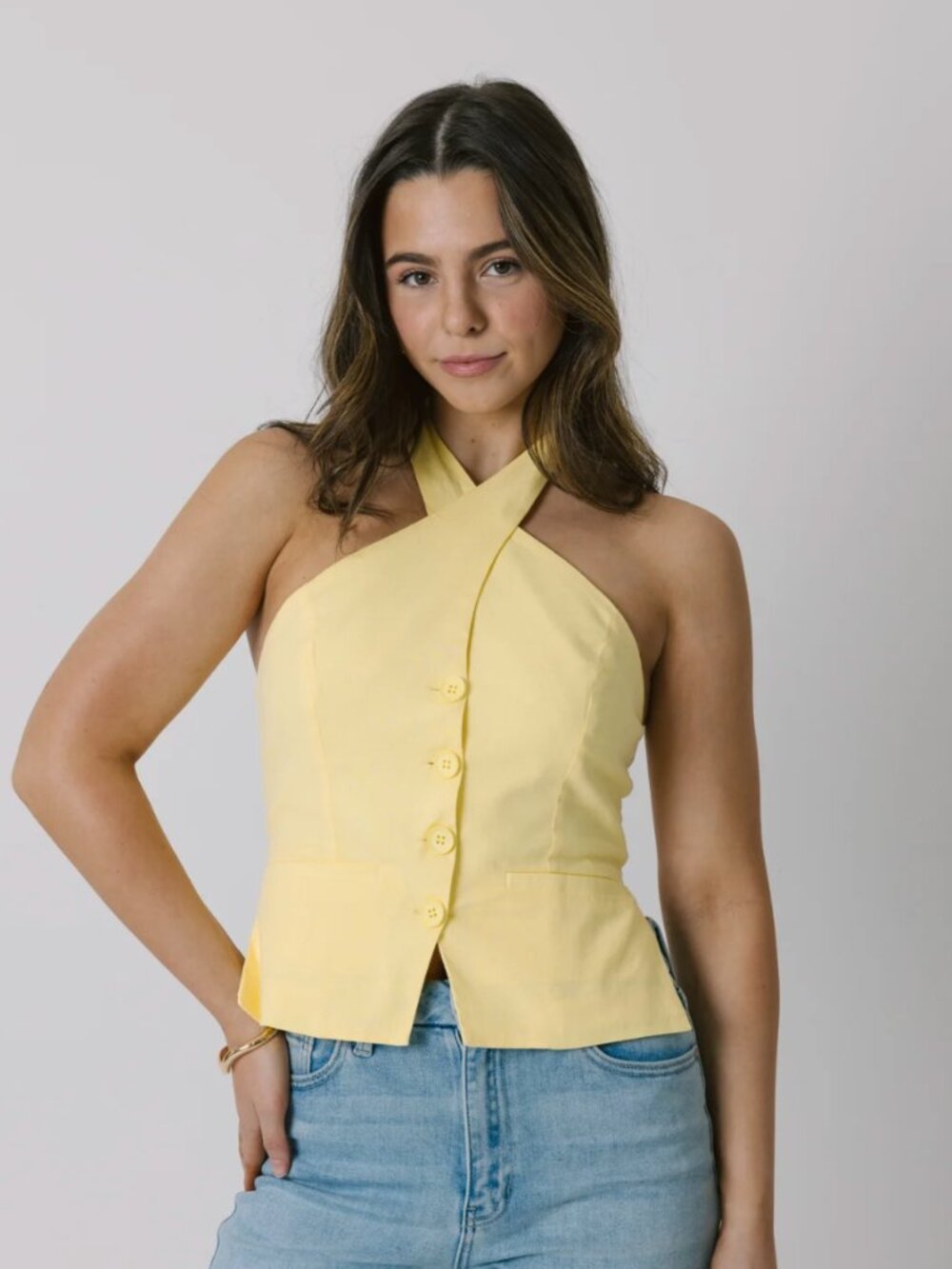Grey Bandit Yellow Button Up High Neck Halter Top - Size S